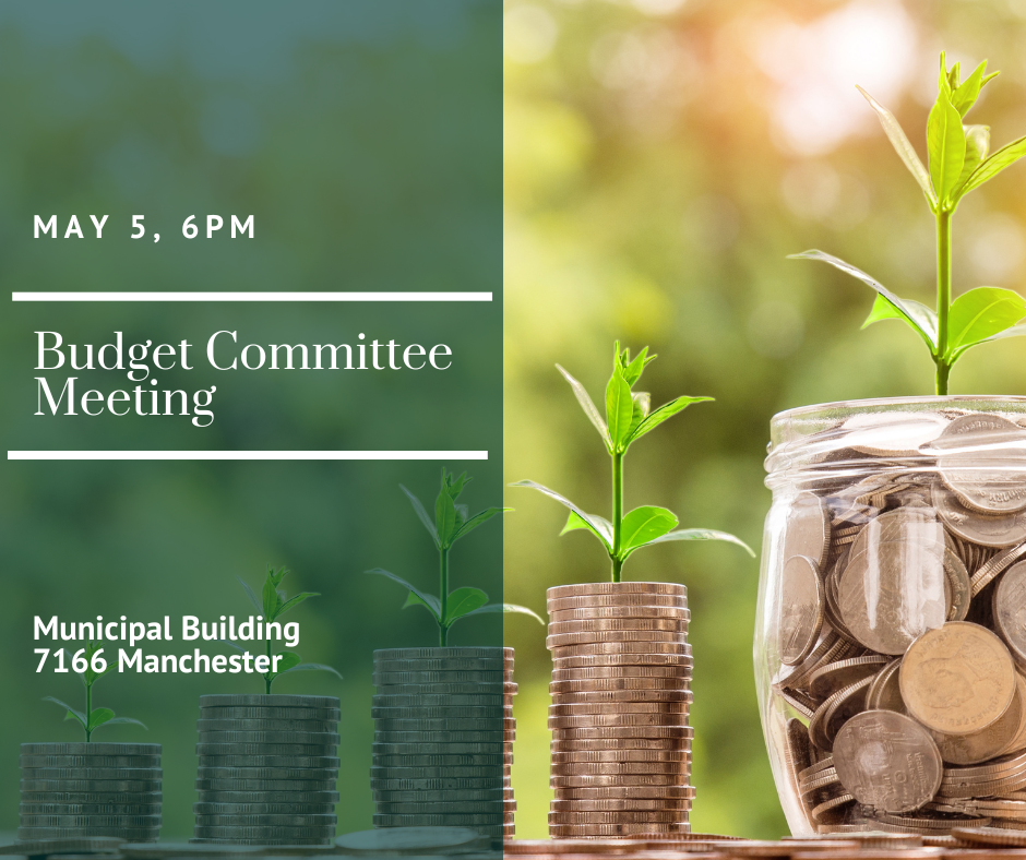 Budget Committee meeting invitation showing stacks of money with plants growing out of them