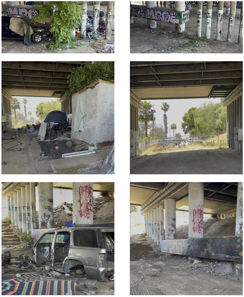 Six before and after pictures showing the Centinela Creek with a housing encampment trash and a car in the before and cleared of all of that in the after