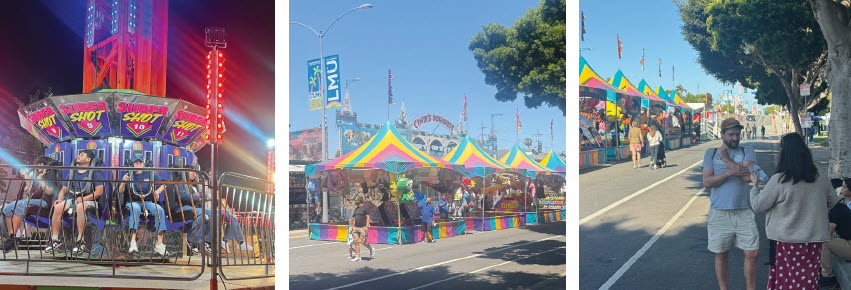3 images from the carnival: people on a ride, boths, pair talking at carnival