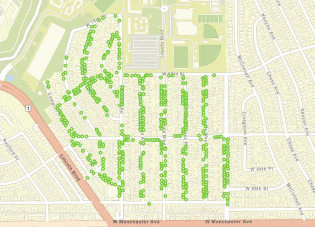 Map of Loyola Village trees to trim